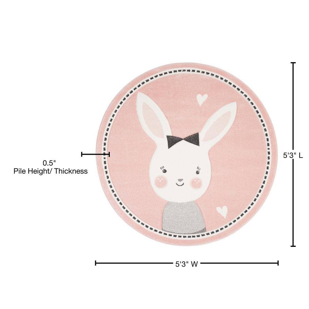 Enchanted Ivory Pink Round Synthetic Kids Play Rug - 5'3"