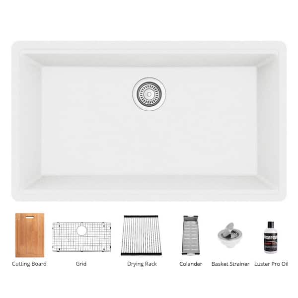 Karran QUWS- 875 Quartz 32.5 in. Single Bowl Undermount Workstation Kitchen Sink in White