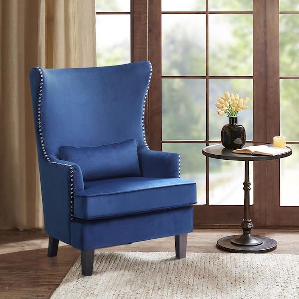 EVERGLADE HOME Narcine Blue Velvet Wingback Chair with Lumbar Pillow