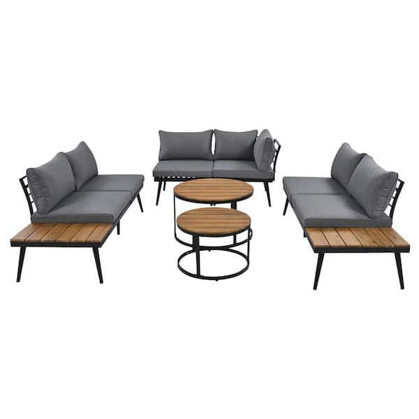 Zeus & Ruta 6-Piece Metal Outdoor Sectional Sofa Set with Round Nesting Coffee Tables with Gray Cushions for Patio, Garden, Yard