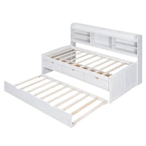 White Wood Frame Twin Size Platform Bed with Built-in Bookshelves, 3 Storage Drawers and Trundle