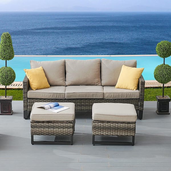 Pocassy Gray 3-Piece U-shaped Foot Design Wicker Patio Sectional Set with Beige Cushions