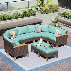 Brown Rattan Wicker 9 Seat 9-Piece Steel Patio Outdoor Sectional Set with Blue Cushions
