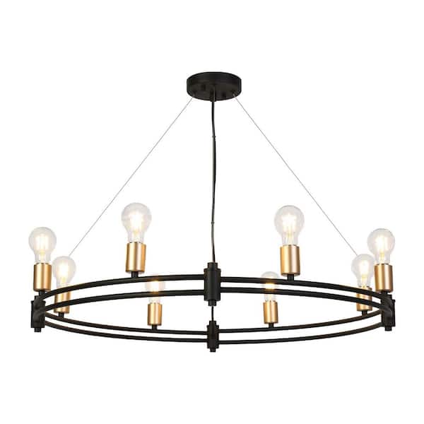 8-Light Black and Dark Brass Wagon Wheel Chandelier