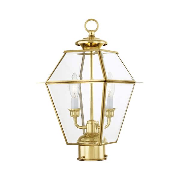 Ainsworth 16.5 in. 2-Light Polished Brass Cast Brass Hardwired Outdoor Rust Resistant Post Light with No Bulbs Included
