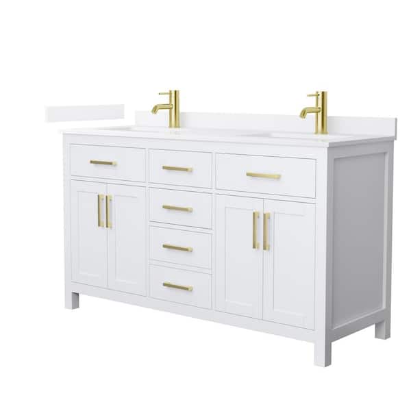 Wyndham Collection Beckett 60 in. Double Freestanding White Bath Vanity with White Quartz Top (Assembled)