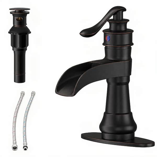 Waterfall Single Hole Single-Handle Low-Arc Bathroom Faucet with Pop Up Drain Assembly in Oil Rubbed Bronze