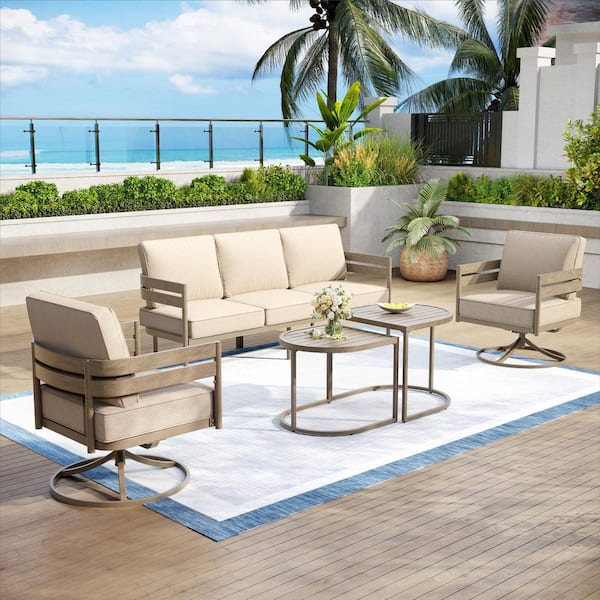 4-Piece Wood-Like Curved Back Metal Outdoor Patio Furniture Set with Beige Cushion and Coffee Table
