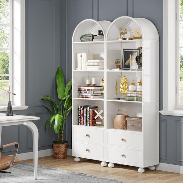 BYBLIGHT Eulas 74.8 in. Tall White Wood 4-Shelf 2-Drawer Bookcase with Acrylic Top for Living Room