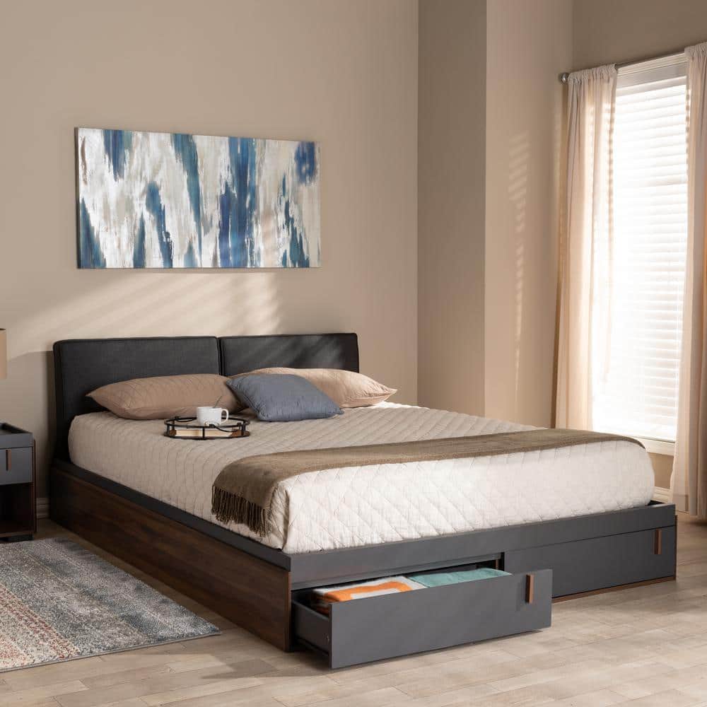Queen Walnut and Gray Upholstered Wood Storage Bed with Drawers