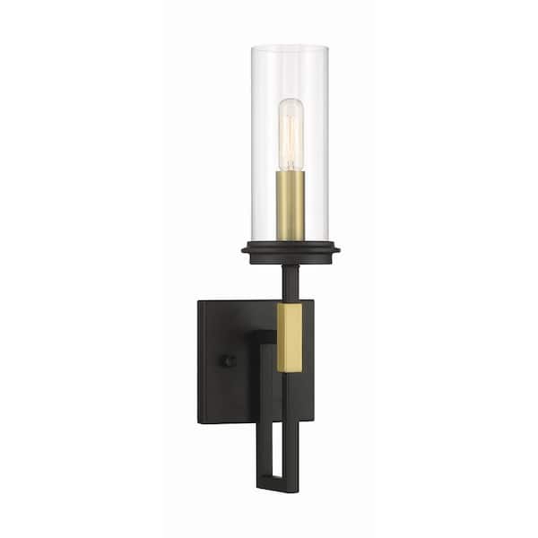 Minka Lavery Hillstone 1-Light Sand Black and Soft Brass Wall Sconce with Clear Glass Shade