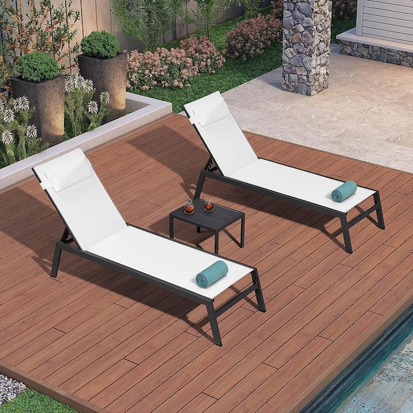 PURPLE LEAF Black Frame Lounge of 3-Pieces Aluminum Outdoor Chaise Lounge with Cushion and Side Table, White