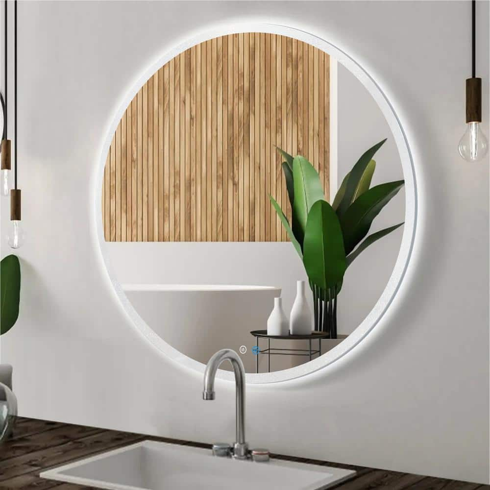 ELLO&ALLO 24 in. W x 24 in. H Single Frameless Round LED Light Bathroom Wall Vanity Mirror with Shelf, Clear