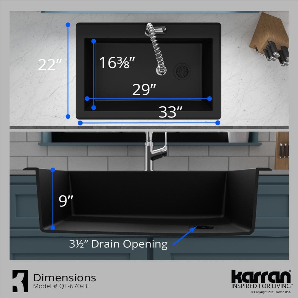 Karran Black Quartz 33'' Single Bowl Drop-In Kitchen Sink with Stainless Steel Faucet