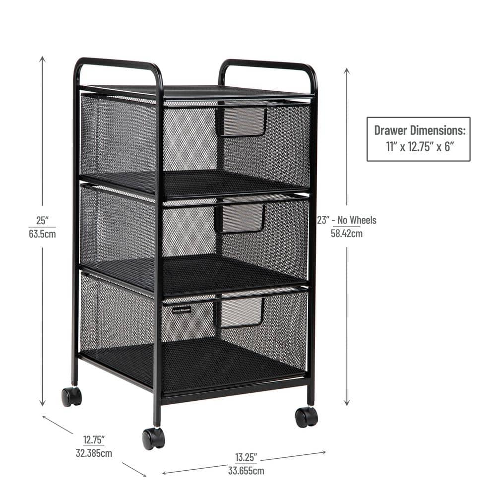 Black Metal Mesh 3-Drawer Rolling Storage Trolley