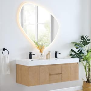 Siena 60 in. W Double Sink Floating Bath Vanity in Light Brown with White Stone Top and Mirror