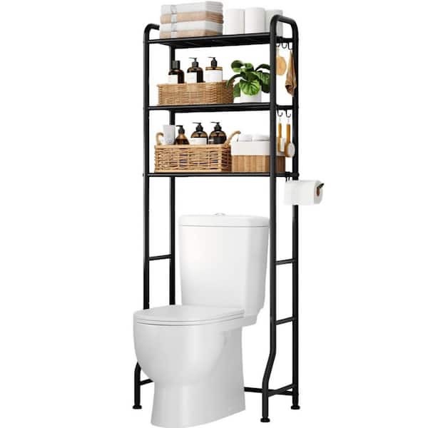 1-Piece Black Metal Over Toilet Bathroom Organizer Shelf Over The Toilet Storage Cabinet with Paper Holder Hooks 3 Tiers