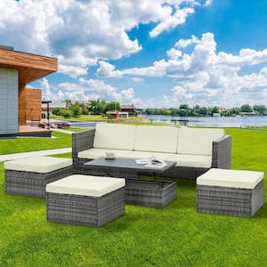 Outdoor Patio 5 Piece PE Wicker Conversation Set Furniture Set with Liftable Plywood Coffee Table and Cushion Cushions