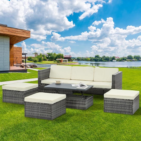 Tunearary Outdoor Patio 5 Piece PE Wicker Conversation Set Furniture Set with Liftable Plywood Coffee Table and Cushion Cushions