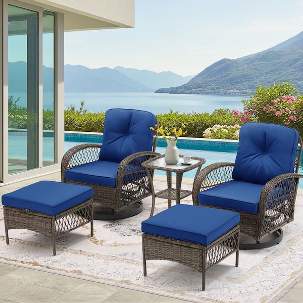 HOMMOW 5-Piece Outdoor Furniture Set Wicker Patio Conversation Set Swivel Rocking Chairs with Ottomans and Glass Table,NavyBlue