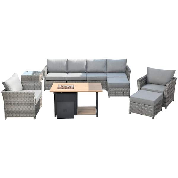 Eufaula Gray 10-Piece Wicker Modern Outdoor Patio Conversation Sofa Set with a Storage Fire Pit and Dark Gray Cushions