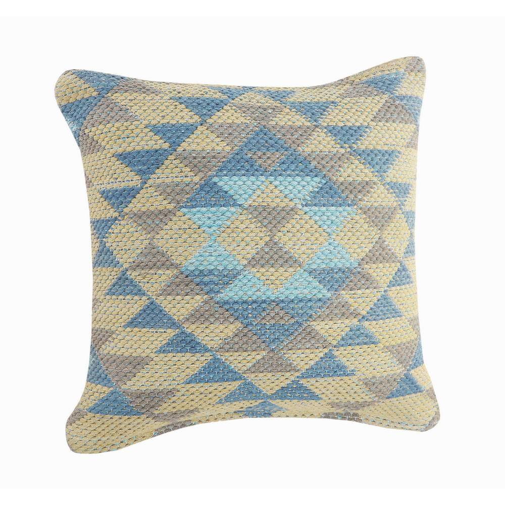 Southwestern Geometric Blue and Beige Cotton Throw Pillow, 18 x 18 inches