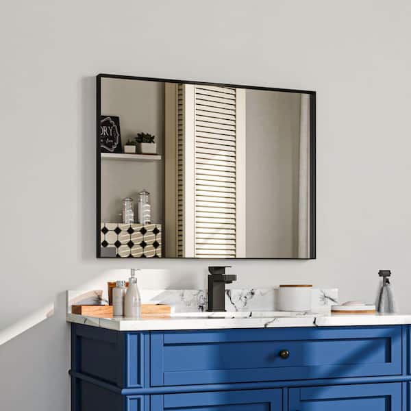 22 in. W x 30 in. H Rectangular Aluminum Framed Wall Bathroom Vanity Mirror in Black