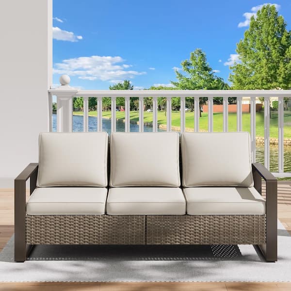 3-Seat Wicker Outdoor Patio Sofa Steel Frame Sectional Couch with Beige Cushions