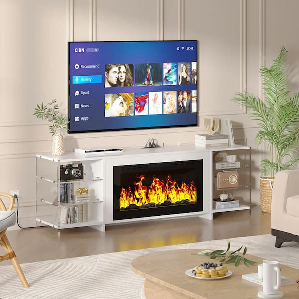 CTV Stand for TVs Up to 75 in. with 3D Flame, 13 Colors LED Light, White Transparent Shelves Entertainment Center