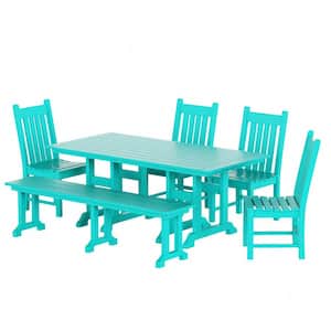 Hayes 6-Piece All Weather HDPE Plastic Rectangle Table Outdoor Patio Dining Set with Bench in Turquoise