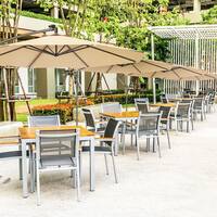 Costway 10 ft. Steel Market Hanging Solar LED Patio Umbrella with Base in Beige GHMHSKU00184