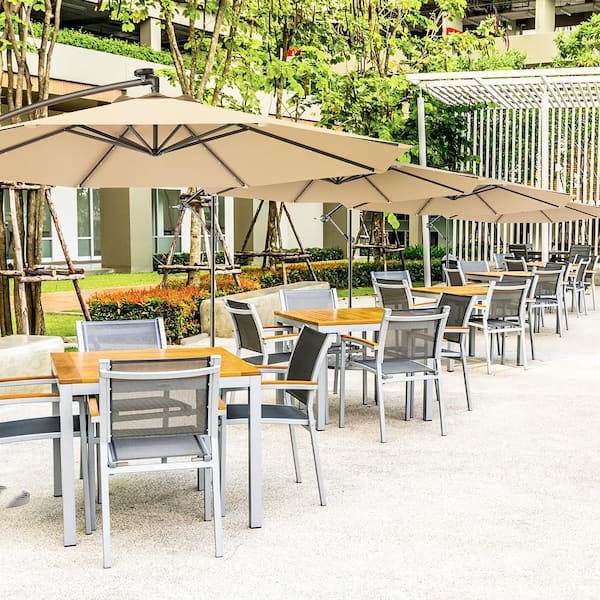 10 ft. Steel Market Hanging Solar LED Patio Umbrella with Base in Beige