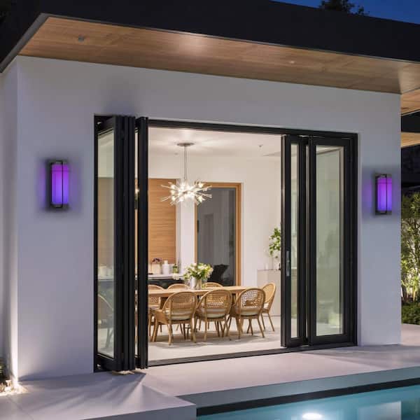 15 in. Black RGB LED Dimmable Outdoor Wall Light with White Acrylic Shade, Remote and Smart App Control