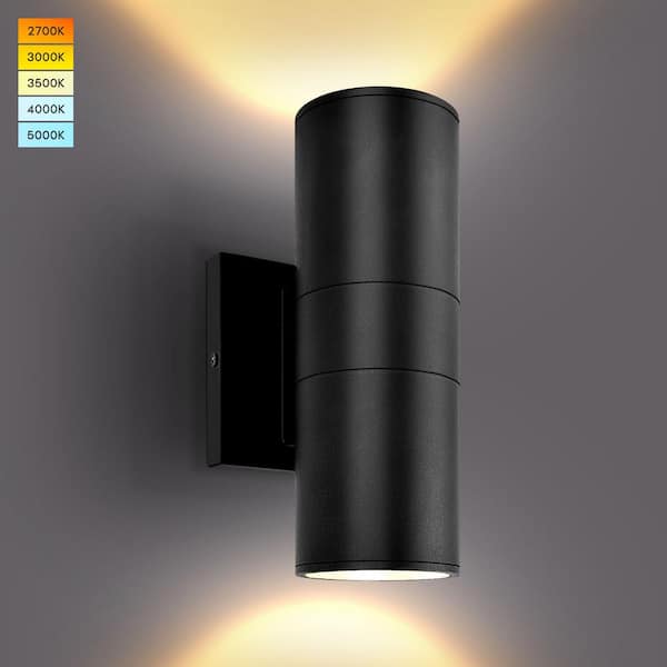 LUXRITE Matte Black Cylinder LED Up and Down Outdoor Hardwired 5CCT 20W 1800 Lumens ETL Wall Scone with No Bulbs Included