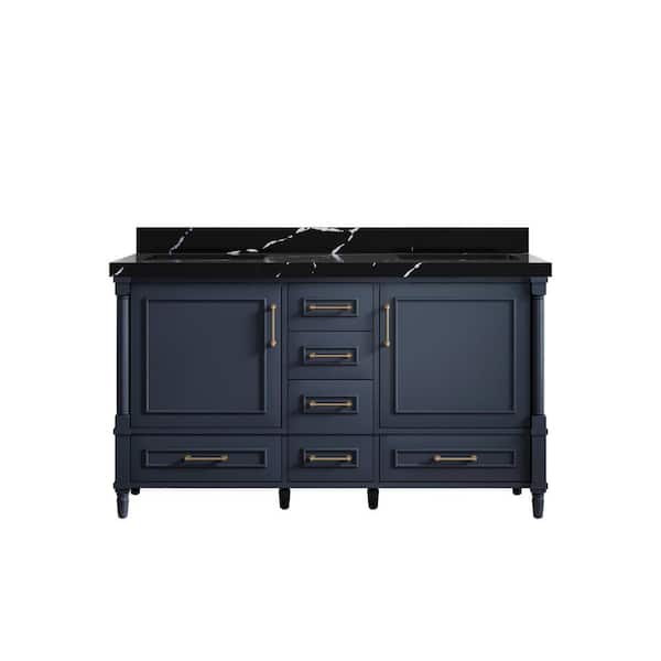 Willow Collections Hudson 60 in. W x 22 in. D x 36 in. H Double Sink Bath Vanity in Navy Blue with 2 in. Calacatta Black Quartz Top