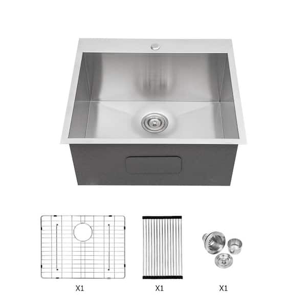 22 in. Drop-in Single Bowl 16 Gauge Brushed Nickel Stainless Steel Kitchen Sink with Bottom Grid, Strainer