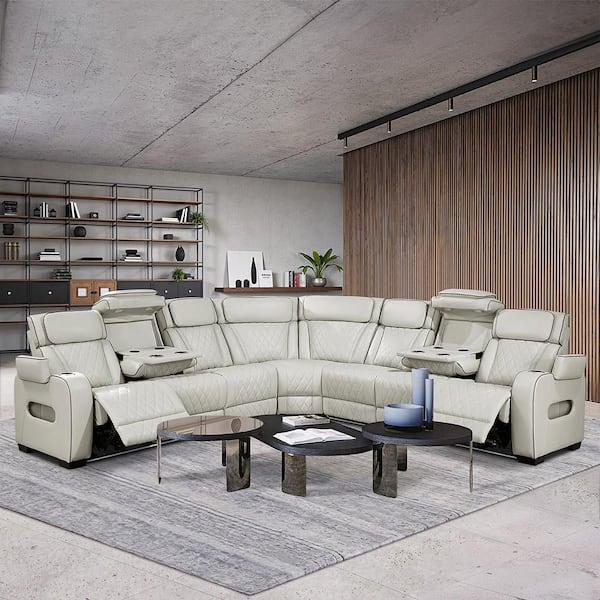 Clumber 128 in. Pillow Top Arm Faux Leather 3-Piece Power Reclining Sectional Sofa with Drop-Down Cup Holder in. Taupe