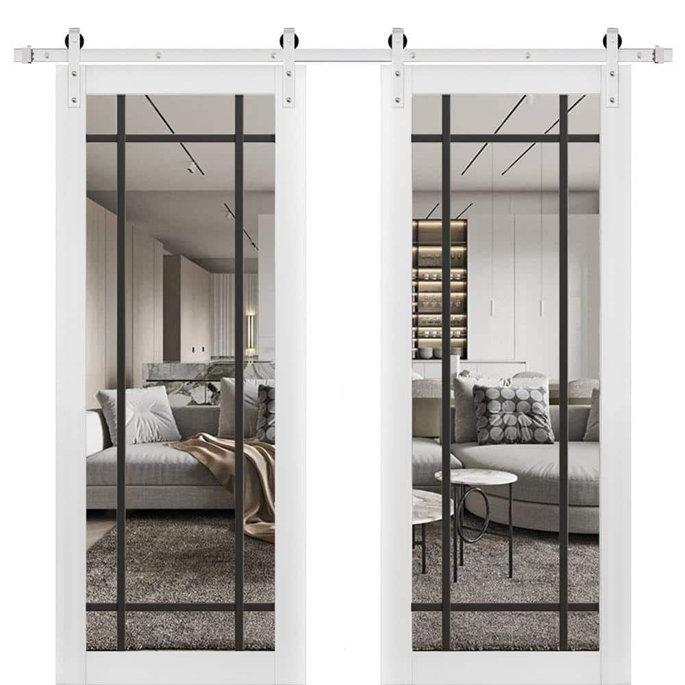 32 in. x 84 in. 2 Panel Clear Glass White Solid Wood Sliding Barn Door with Hardware Kit price history on PriceWatchPro