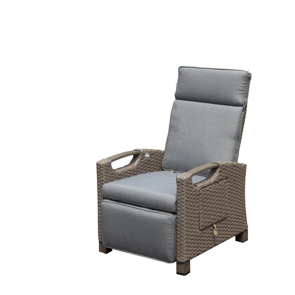 Outdoor Wicker Lounge Chair, Patio Reclining Chair with Flip Table Push Bac
