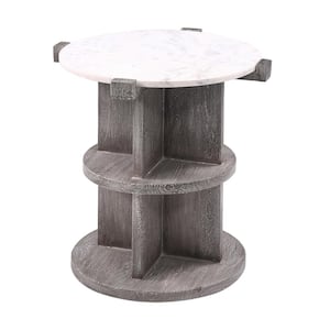 20 in. W Lakeport White & Grey Round Wood End Table with Marble Top