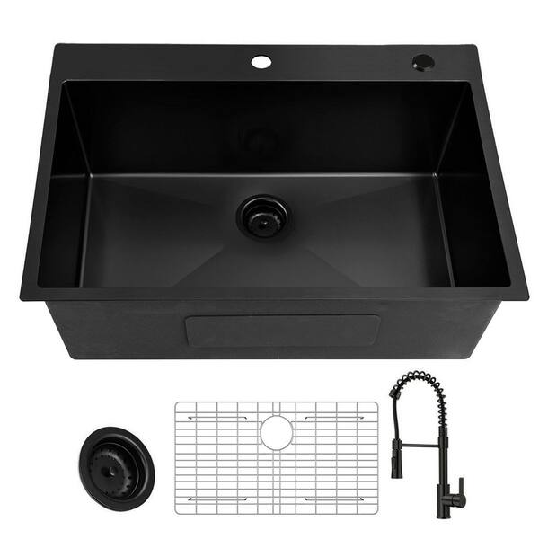 33 in. Drop-in Single Bowl 18 Gauge Black Stainless Steel Kitchen Sink with Pull-out Faucet and Bottom Grids
