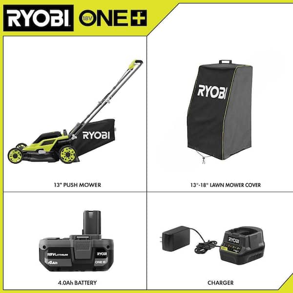 ONE+18V 13 in. Cordless Battery Walk Behind Push Lawn Mower w/ Weatherproof UV Resistant Cover, 4.0 Ah Battery & Charger