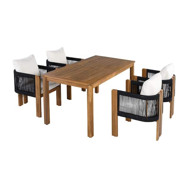 5-Piece Acacia Wood Outdoor Dining Set with White Cushion and Rope Woven Chairs, Farmhouse Dining Furniture Set