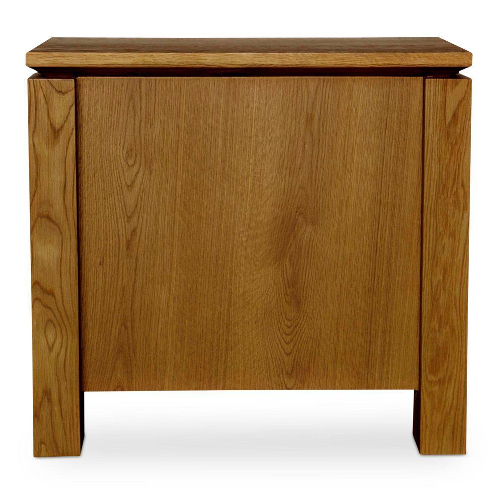 Rear view of a country oak 2-drawer nightstand.