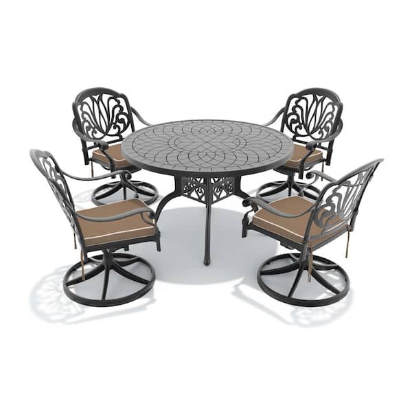 5-Piece Black Cast Aluminum Patio Outdoor Dining Set with Round Table and 4 Swivel Chairs with Brown Cushions