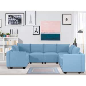 Contemporary 1-Piece Robin Egg Blue Linen Living Room Set 7-Seater Upholstered Sectional Sofa