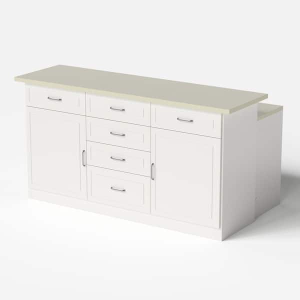 White Wood 78.7 in. W Kitchen Island w/ Power Outlet 6 Drawers and 2 Cabinets Tall CabinetandLow Table for Dual Function