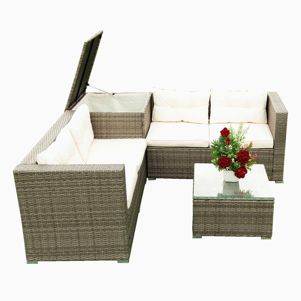 4 Piece Patio Wood Wicker Rattan Outdoor Furniture Sectional Sofa Set with 