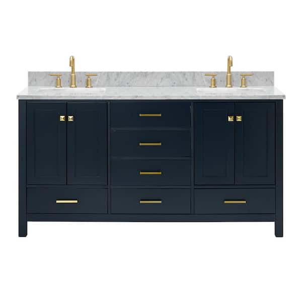 Cambridge 66 in. Double Sink Freestanding Bathroom Vanity in Midnight Blue with Carrara White Marble Top