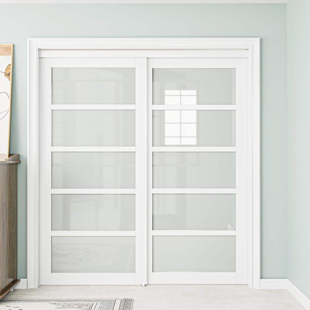 72 in. x 80 in. White MDF Sliding Door with Frosted Glass Panels